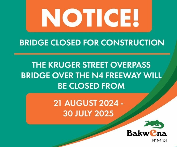 Traffic advisory: Bakwena informs Rustenburg residents & motorists of temporary bridge closure