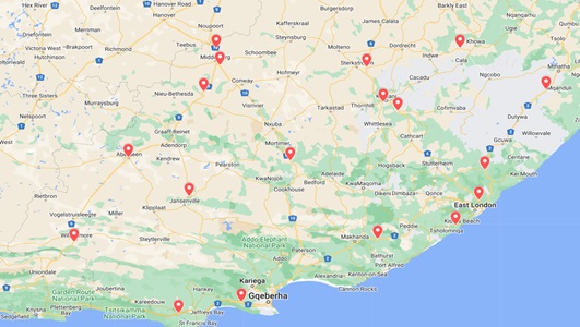 The network of off-grid electric passenger and light commercial vehicle charging stations in the Eastern Cape:
