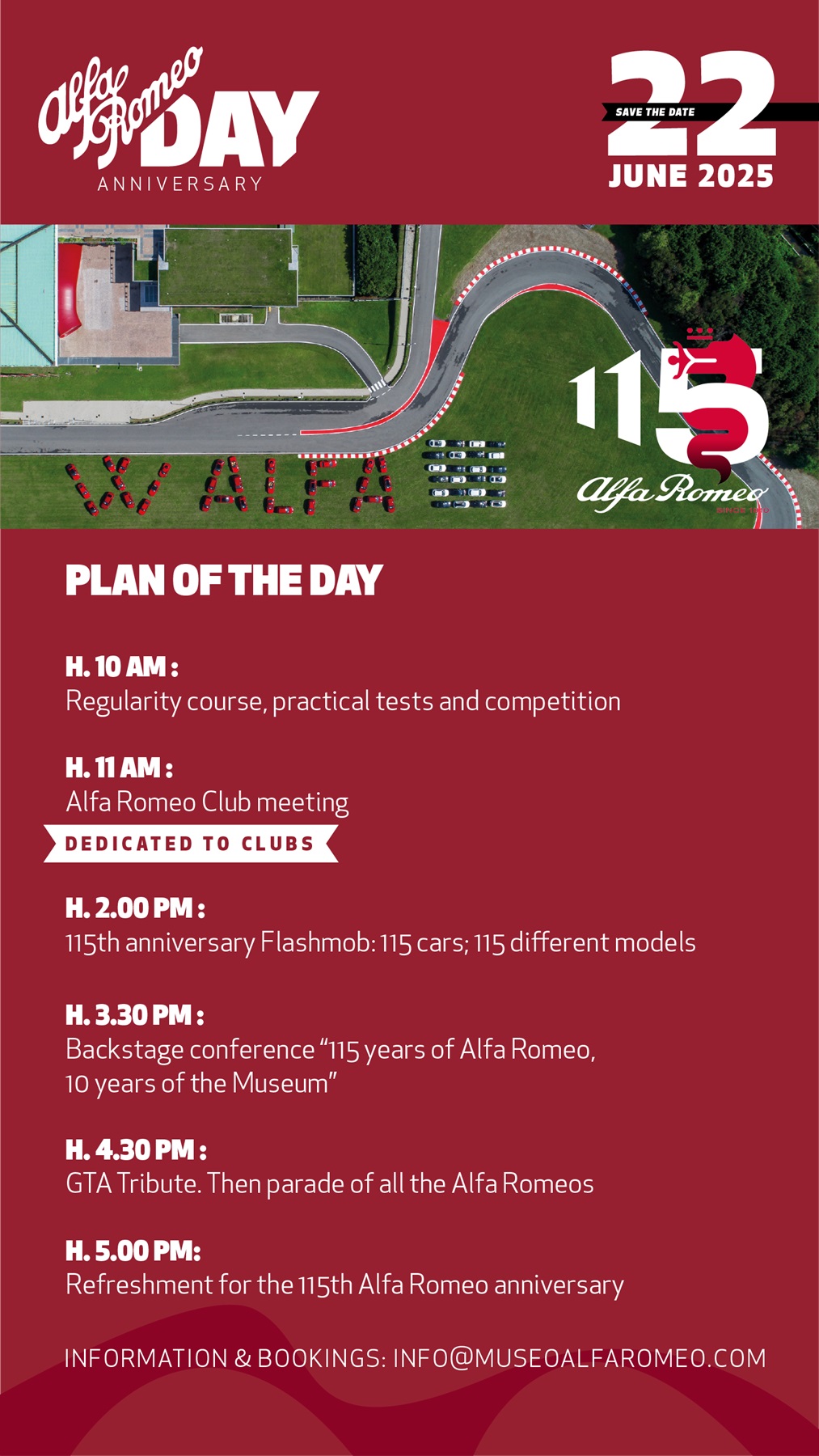 On June 22, the Arese Historical Museum will welcome fans and clubs from all over the world to celebrate Alfa Romeo's 115th anniversary in a day to be experienced in one fell swoop, including track races, exclusive meetings, parades and celebratory moments.