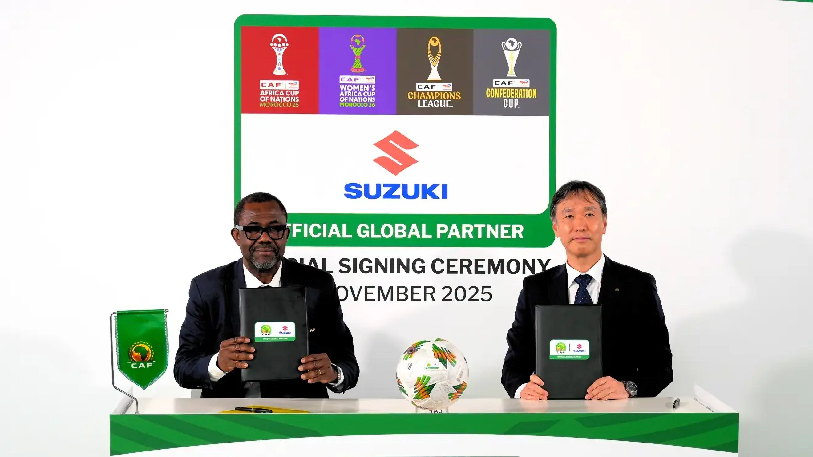 The agreement was signed in Hamamatsu, Japan, on 11 November 2025 by Confederation of African Football (CAF) General Secretary Véron Mosengo-Omba and Yusuke Kato, Managing Officer and Executive General Manager, Automobile Marketing, Europe, Middle East and Africa at Suzuki Motor Corporation. The agreement was signed in Hamamatsu, Japan, on 11 November 2025 by Confederation of African Football (CAF) General Secretary Véron Mosengo-Omba and Yusuke Kato, Managing Officer and Executive General Manager, Automobile Marketing, Europe, Middle East and Africa at Suzuki Motor Corporation.